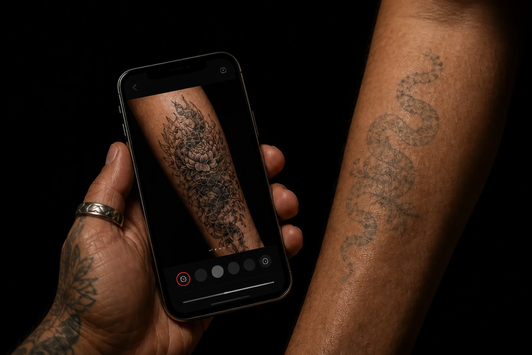 A hand holding a dark phone with an AI tattoo cover-up preview beside an existing forearm tattoo.